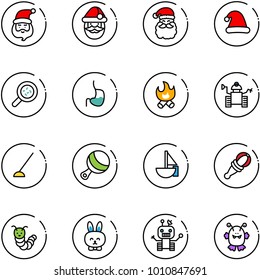 line vector icon set - santa claus vector, christmas hat, bacteria, stomach, fire, robot, hoe, beanbag, sailboat toy, caterpillar, rabbit, monster