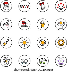 line vector icon set - santa claus vector, garland, bell, firework, champagne, sleigh gift, success, fizz opening, sun, bear toy, baby car, elephant wheel, monster