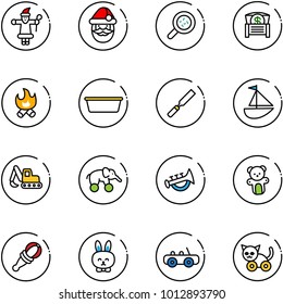 line vector icon set - santa claus vector, bacteria, money chest, fire, basin, rasp, sailboat toy, excavator, elephant wheel, horn, bear, beanbag, rabbit, car, cat