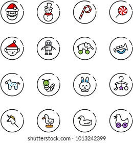 line vector icon set - santa claus vector, snowman, lollipop, christmas elf, robot, elephant wheel, horn toy, horse, caterpillar, rabbit, baby carousel, unicorn stick, duck