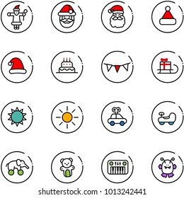 line vector icon set - santa claus vector, christmas hat, cake, flag garland, sleigh gift, sun, car toy, baby, elephant wheel, bear, piano, monster