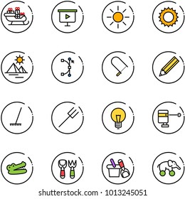 line vector icon set - santa sleigh vector, presentation board, sun, pyramid, bezier, fretsaw, pencil, rake, farm fork, bulb, laser lever, crocodile, shovel toy, bucket, elephant wheel