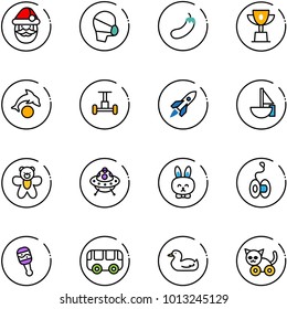 line vector icon set - santa claus vector, medical mask, eggplant, win cup, dolphin, gyroscope, rocket, sailboat toy, bear, ufo, rabbit, yoyo, beanbag, bus, duck, cat