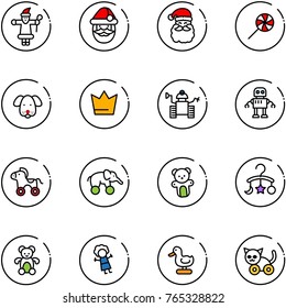 line vector icon set - santa claus vector, lollipop, dog, crown, robot, wheel horse, elephant, bear toy, baby carousel, doll, duck, cat