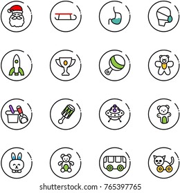 line vector icon set - santa claus vector, sleigh, stomach, medical mask, rocket, gold cup, beanbag, bear toy, shovel bucket, ufo, rabbit, bus, cat