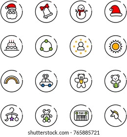 line vector icon set - santa claus vector, bell, snowman, christmas hat, cake, community, star man, sun, rainbow, car toy, bear, baby carousel, piano, unicorn stick