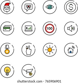 line vector icon set - santa claus vector, bow message, eye, dollar coin, credit card, account statistics, speed limit 100 road sign, volume medium, star medal, victory, sun, wireless home, bulb