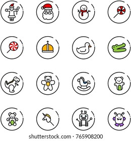 line vector icon set - santa claus vector, snowman, lollipop, crown, duck toy, crocodile, dinosaur, bear, rocking horse, unicorn stick, robot, monster