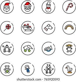 line vector icon set - santa claus vector, snowman, lollipop, sleigh, dog, rainbow, robot, elephant wheel, horn toy, doll, bear, duck