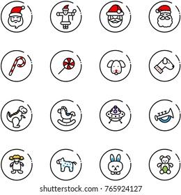 line vector icon set - santa claus vector, lollipop, dog, dinosaur toy, rocking horse, ufo, horn, doll, rabbit, bear