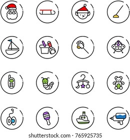 line vector icon set - santa claus vector, sleigh, christmas elf, hoe, sailboat toy, shovel bucket, horse stick, ufo, phone, caterpillar, baby carousel, bear, yoyo, beanbag, boat, water gun