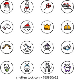 line vector icon set - santa claus vector, snowman, lollipop, sleigh, dog, christmas elf, crown, rainbow, rocking horse, ufo toy, horn, bear, rabbit, robot, monster
