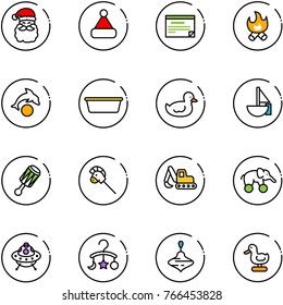 line vector icon set - santa claus vector, christmas hat, schedule, fire, dolphin, basin, duck toy, sailboat, beanbag, horse stick, excavator, elephant wheel, ufo, baby carousel, wirligig