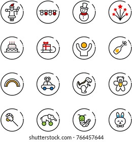 line vector icon set - santa claus vector, garland, snowman, firework, cake, sleigh gift, success, fizz opening, rainbow, car toy, dinosaur, bear, horse stick, elephant wheel, caterpillar, rabbit