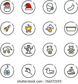 line vector icon set - santa claus vector, christmas hat, medical mask, eggplant, rocket, fire, dolphin, basin, elephant wheel, robot, bear toy, yoyo, unicorn stick, duck, boat