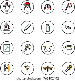 line vector icon set - santa claus vector, garland, lollipop, tea, thermometer, vial, abdominal muscles, x ray, head hunter, luck, helicopter, agreement, drink, dragonfly, tile drill