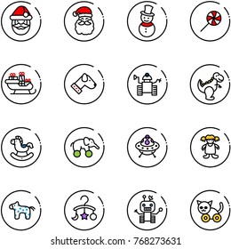 line vector icon set - santa claus vector, snowman, lollipop, sleigh, dog, robot, dinosaur toy, rocking horse, elephant wheel, ufo, doll, baby carousel, cat
