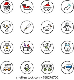 line vector icon set - santa claus vector, sleigh, christmas elf, eggplant, gold cup, rasp, duck toy, robot, bear, shovel bucket, rabbit, train, bus, water gun
