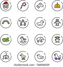 line vector icon set - santa claus vector, lollipop, dog, crown, rainbow, robot, duck toy, crocodile, rocking horse, elephant wheel, doll, baby carousel