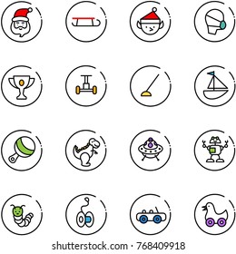 line vector icon set - santa claus vector, sleigh, christmas elf, medical mask, gold cup, gyroscope, hoe, sailboat toy, beanbag, dinosaur, ufo, robot, caterpillar, yoyo, car, duck