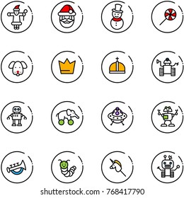 line vector icon set - santa claus vector, snowman, lollipop, dog, crown, robot, elephant wheel, ufo toy, horn, caterpillar, unicorn stick