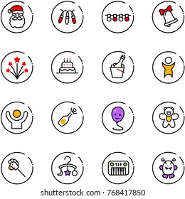 line vector icon set - santa claus vector, garland, bell, firework, cake, champagne, success, fizz opening, balloon smile, bear toy, horse stick, baby carousel, piano, monster