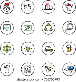 line vector icon set - santa claus vector, turkey, sleigh gift, christmas deer hat, diagnostic monitor, credit card, social, magnifier, gear, bulb, car, beer, trash bin, hdd, paper plane, water gun