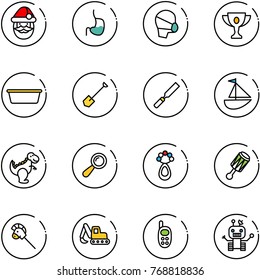line vector icon set - santa claus vector, stomach, medical mask, gold cup, basin, shovel, rasp, sailboat toy, dinosaur, beanbag, horse stick, excavator, phone, robot