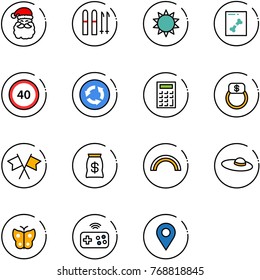 line vector icon set - santa claus vector, ski, sun, x ray, speed limit 40 road sign, circle, calculator, finger ring, flags cross, money bag, rainbow, woman hat, butterfly, joystick wireless