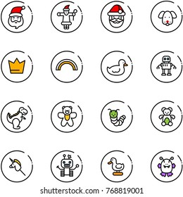 line vector icon set - santa claus vector, dog, crown, rainbow, duck toy, robot, dinosaur, bear, caterpillar, unicorn stick, monster