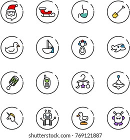 line vector icon set - santa claus vector, sleigh, stomach, shovel, duck toy, sailboat, beanbag, plane, phone, baby carousel, wirligig, unicorn stick, robot, monster