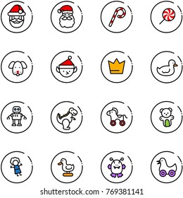 line vector icon set - santa claus vector, lollipop, dog, christmas elf, crown, duck toy, robot, dinosaur, wheel horse, bear, doll, monster