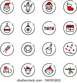 line vector icon set - santa claus vector, christmas sock, ball, garland, calendar, firework rocket, wreath, champagne, sale, sleigh gift, deer hat, elf, opening