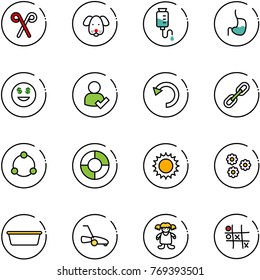 line vector icon set - santa stick vector, dog, drop counter, stomach, dollar smile, user check, undo, link, community, circle chart, sun, flower, basin, lawn mower, doll, Tic tac toe
