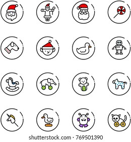 line vector icon set - santa claus vector, lollipop, dog, christmas elf, duck toy, robot, rocking horse, elephant wheel, bear, unicorn stick, monster, cat