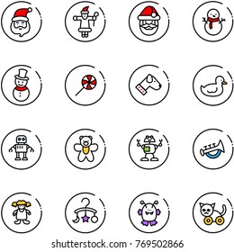 line vector icon set - santa claus vector, snowman, lollipop, dog, duck toy, robot, bear, horn, doll, baby carousel, monster, cat