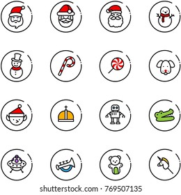 line vector icon set - santa claus vector, snowman, lollipop, dog, christmas elf, crown, robot, crocodile, ufo toy, horn, bear, unicorn stick