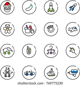 line vector icon set - santa claus vector, eggplant, rocket, bear toy, shovel bucket, beanbag, plane, elephant wheel, phone, baby carousel, unicorn stick, robot, car, boat, water gun