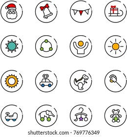 line vector icon set - santa claus vector, bell, flag garland, sleigh gift, sun, community, success, car toy, dinosaur, horse stick, baby, elephant wheel, carousel, bear