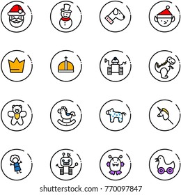 line vector icon set - santa claus vector, snowman, dog, christmas elf, crown, robot, dinosaur toy, bear, rocking horse, unicorn stick, doll, monster, duck