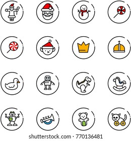 line vector icon set - santa claus vector, snowman, lollipop, christmas elf, crown, duck toy, robot, dinosaur, rocking horse, horn, bear, cat