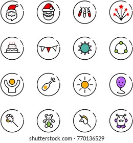 line vector icon set - santa claus vector, garland, firework, cake, flag, sun, community, success, fizz opening, balloon smile, horse stick toy, bear, unicorn, monster