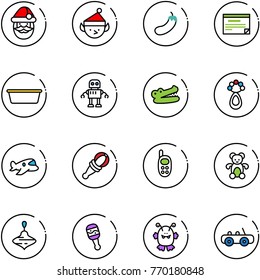 line vector icon set - santa claus vector, christmas elf, eggplant, schedule, basin, robot, crocodile, beanbag, plane toy, phone, bear, wirligig, monster, car