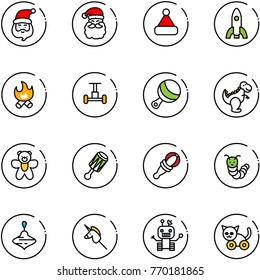 line vector icon set - santa claus vector, christmas hat, rocket, fire, gyroscope, beanbag, dinosaur toy, bear, caterpillar, wirligig, unicorn stick, robot, cat