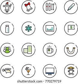 line vector icon set - santa claus vector, bell, ski, thermometer, vial, ambulance star, statistics, dollar flag, group, building, green tea, luck, helicopter, drink, monitor, doll