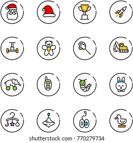 line vector icon set - santa claus vector, christmas hat, win cup, rocket, gyroscope, bear toy, horse stick, excavator, elephant wheel, phone, caterpillar, rabbit, baby carousel, wirligig, yoyo