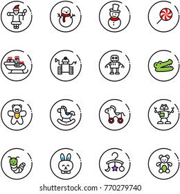 line vector icon set - santa claus vector, snowman, lollipop, sleigh, robot, crocodile, bear toy, rocking horse, wheel, caterpillar, rabbit, baby carousel