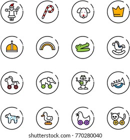 line vector icon set - santa claus vector, lollipop, dog, crown, rainbow, crocodile, rocking horse, wheel, elephant, robot, horn toy, duck, cat
