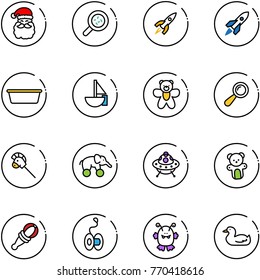 line vector icon set - santa claus vector, bacteria, rocket, basin, sailboat toy, bear, beanbag, horse stick, elephant wheel, ufo, yoyo, monster, duck