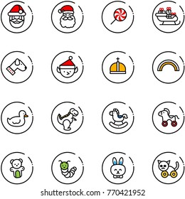 line vector icon set - santa claus vector, lollipop, sleigh, dog, christmas elf, crown, rainbow, duck toy, dinosaur, rocking horse, wheel, bear, caterpillar, rabbit, cat